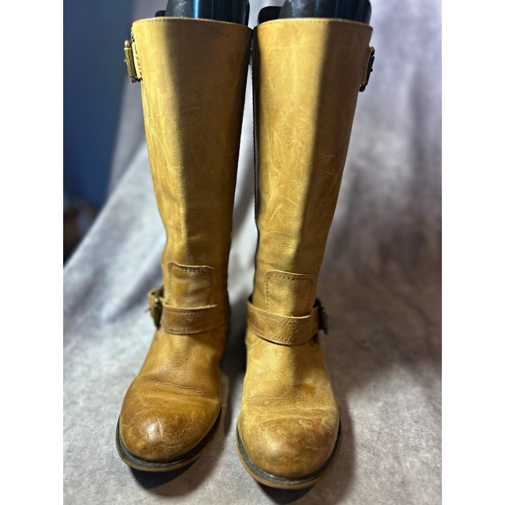 Gianni Bini Women's Brown Leather Knee High Riding Boots Side Zip Buckle Straps